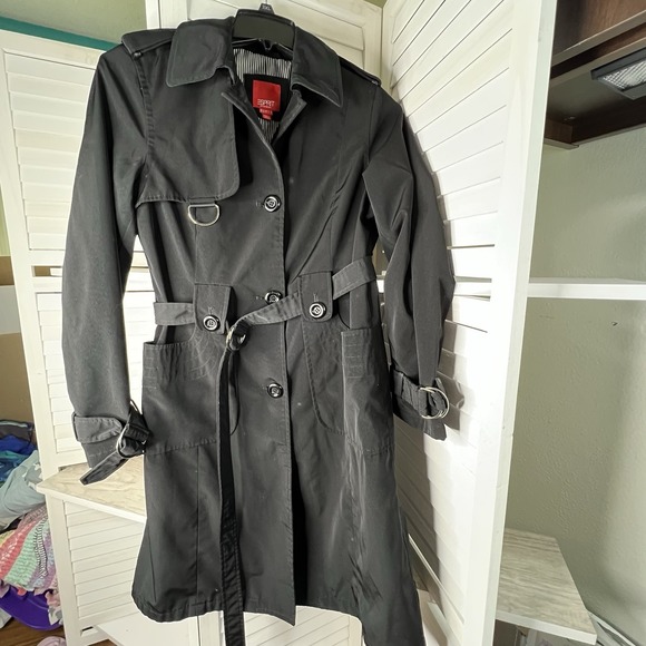 Esprit Black Single-Breasted Belted Trench Coat Women's Medium D-Ring Detail EUC - Picture 1 of 6